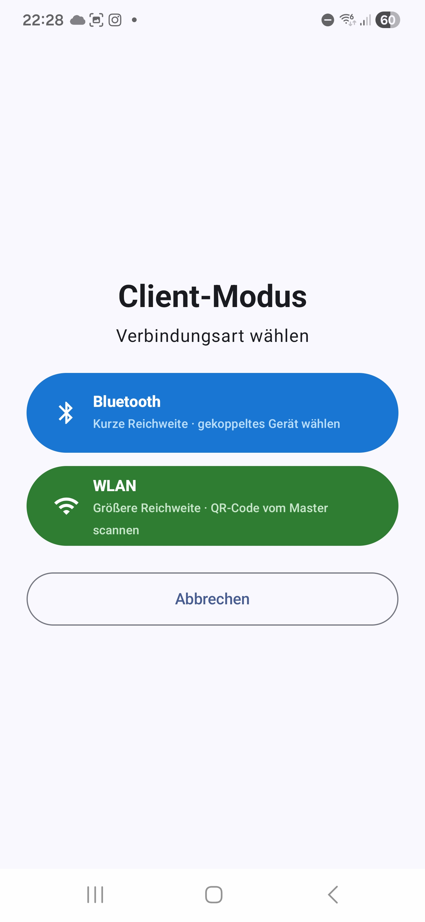 Klientlägets startskärm med val mellan Bluetooth och Wi-Fi