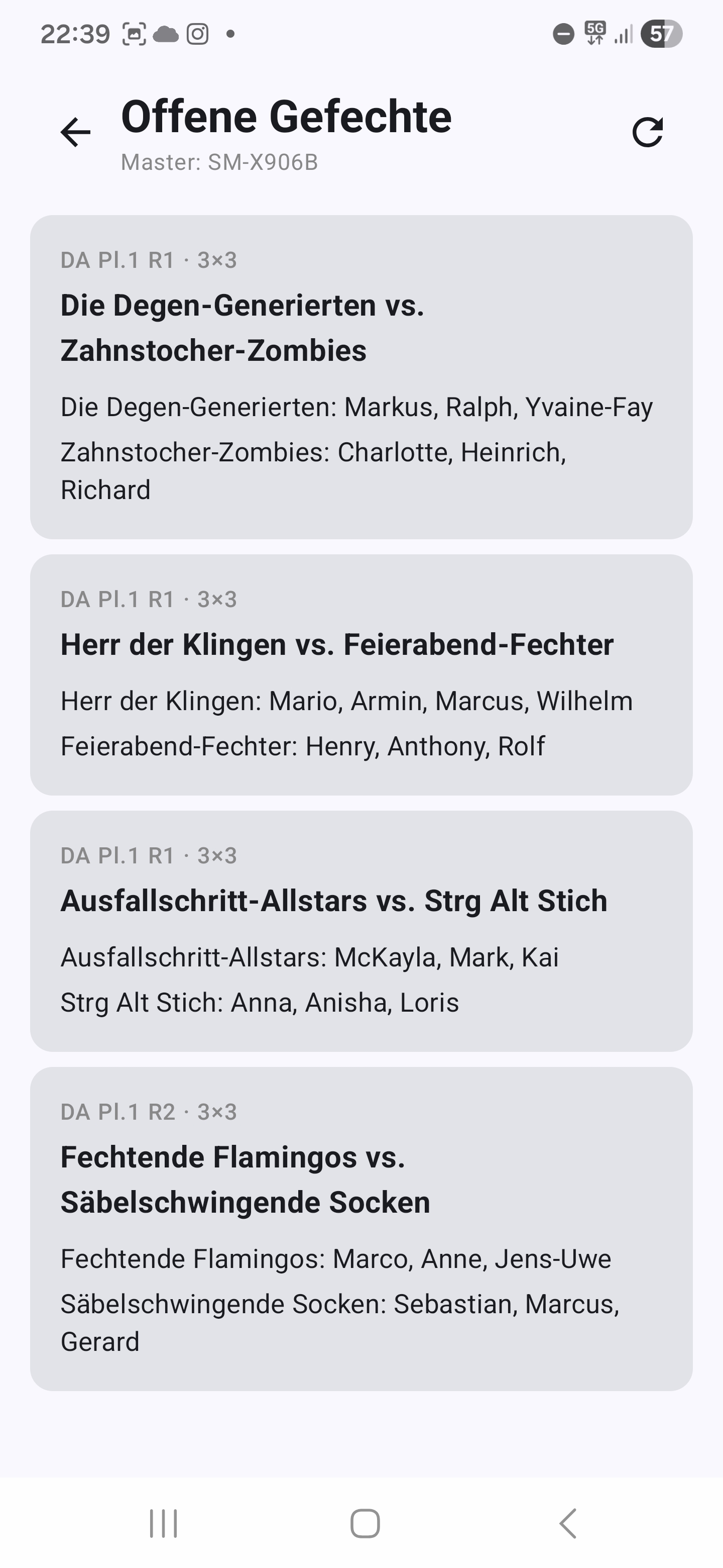 Lista över de lagmatcher som master erbjuder, med lagnamn och fäktaruppställningar