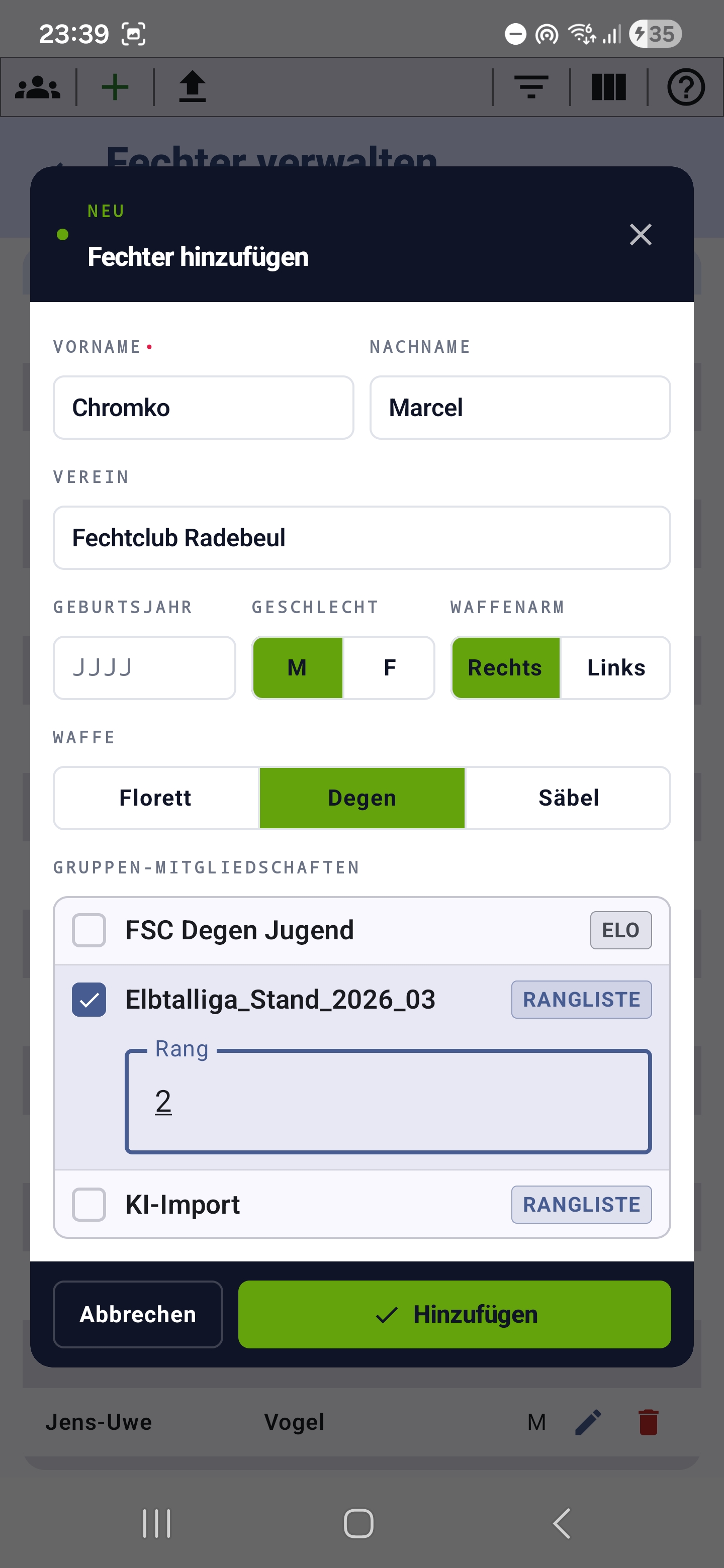 Dialog för att lägga till fäktare med alla grunddata och gruppval