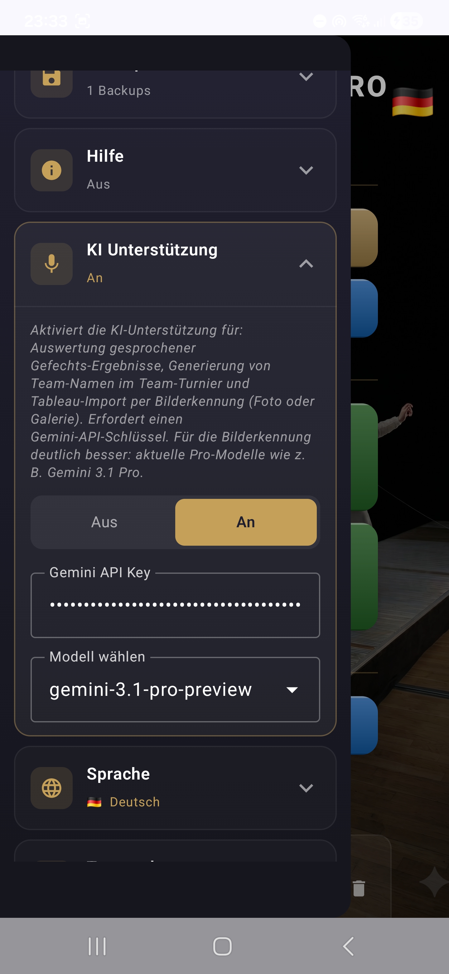 AI-inställningar med API-nyckel och modellväljare