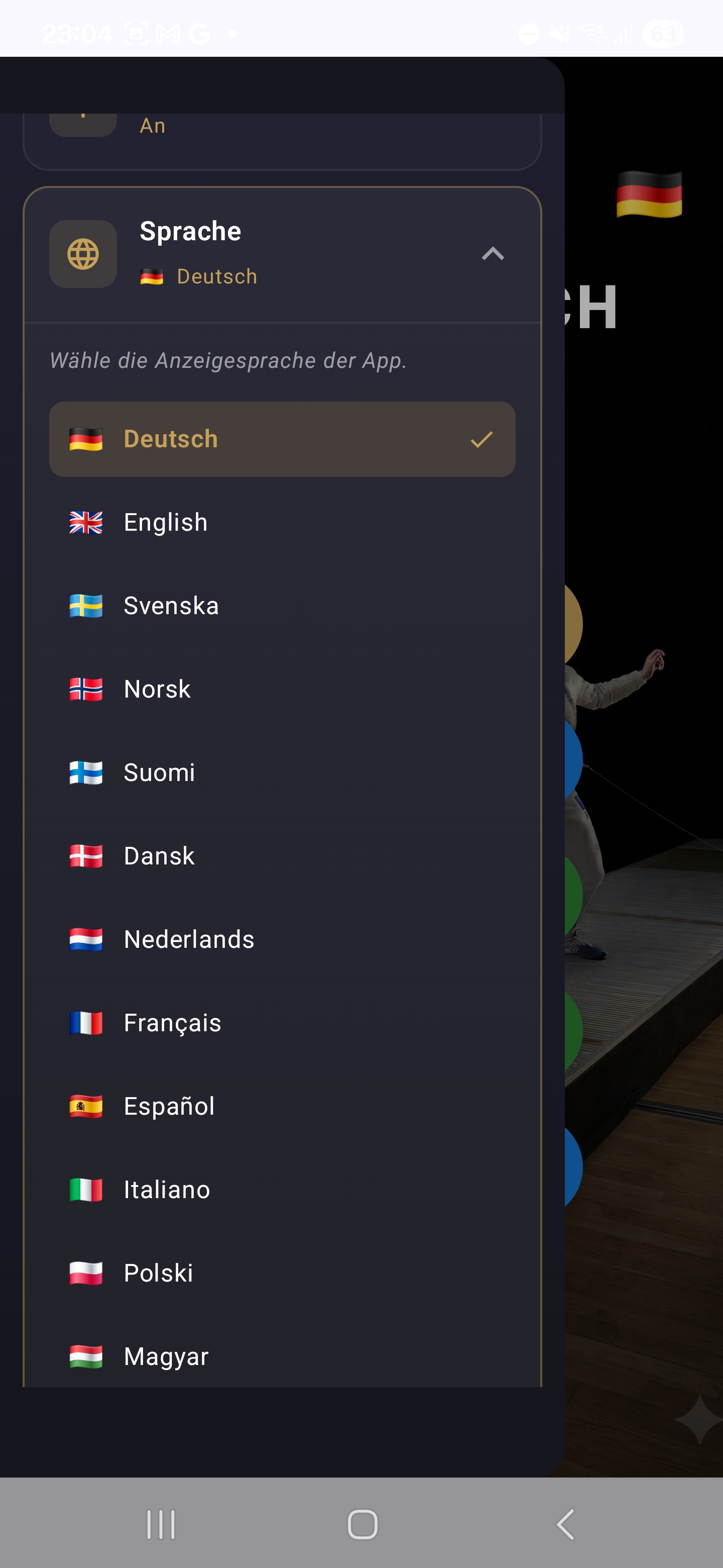 Språkväljare med lista över alla tillgängliga språk