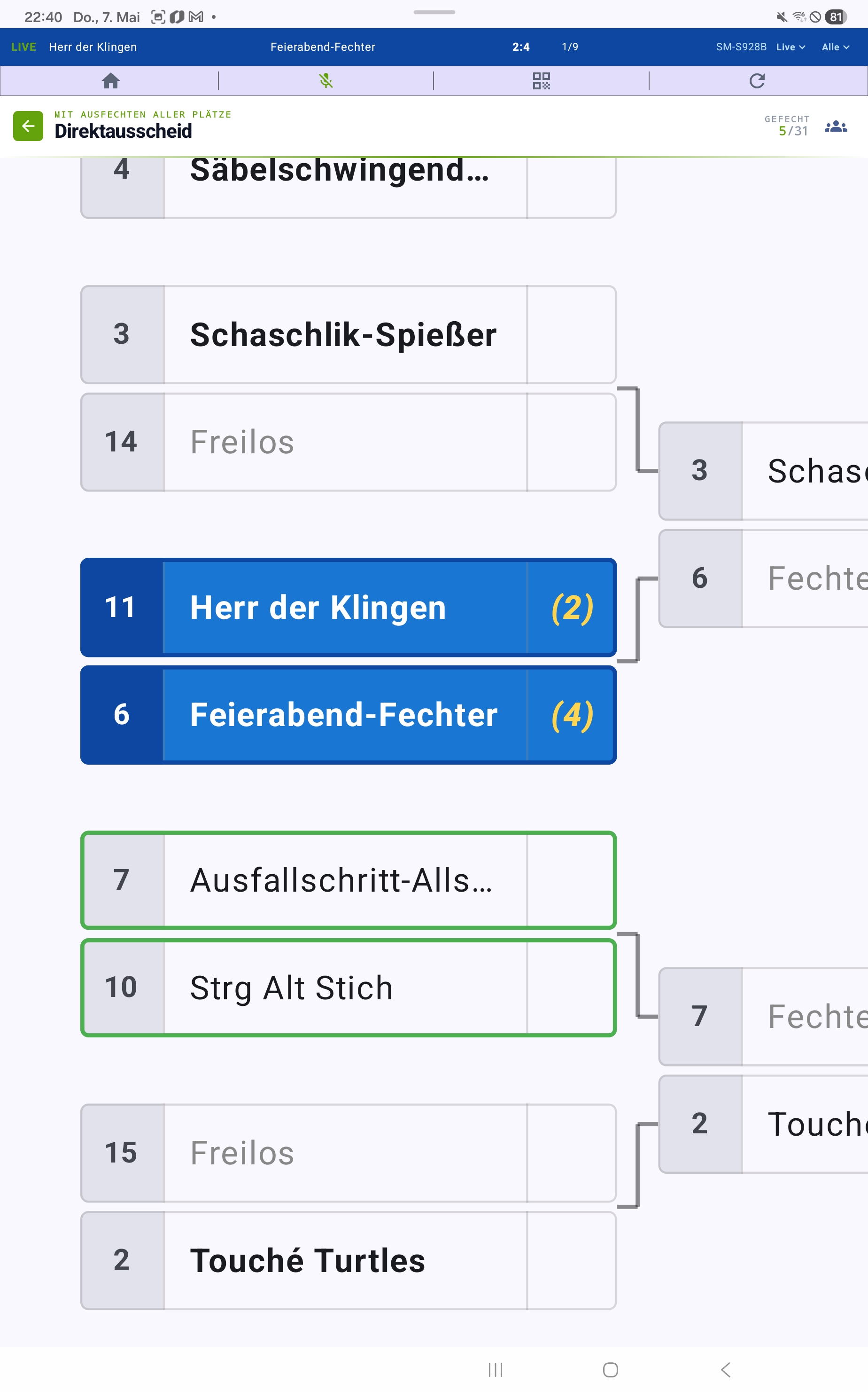 Master-surfplatta med alla lagmatcher i en rond, de enskilda matcherna är fällbara per lagmatch