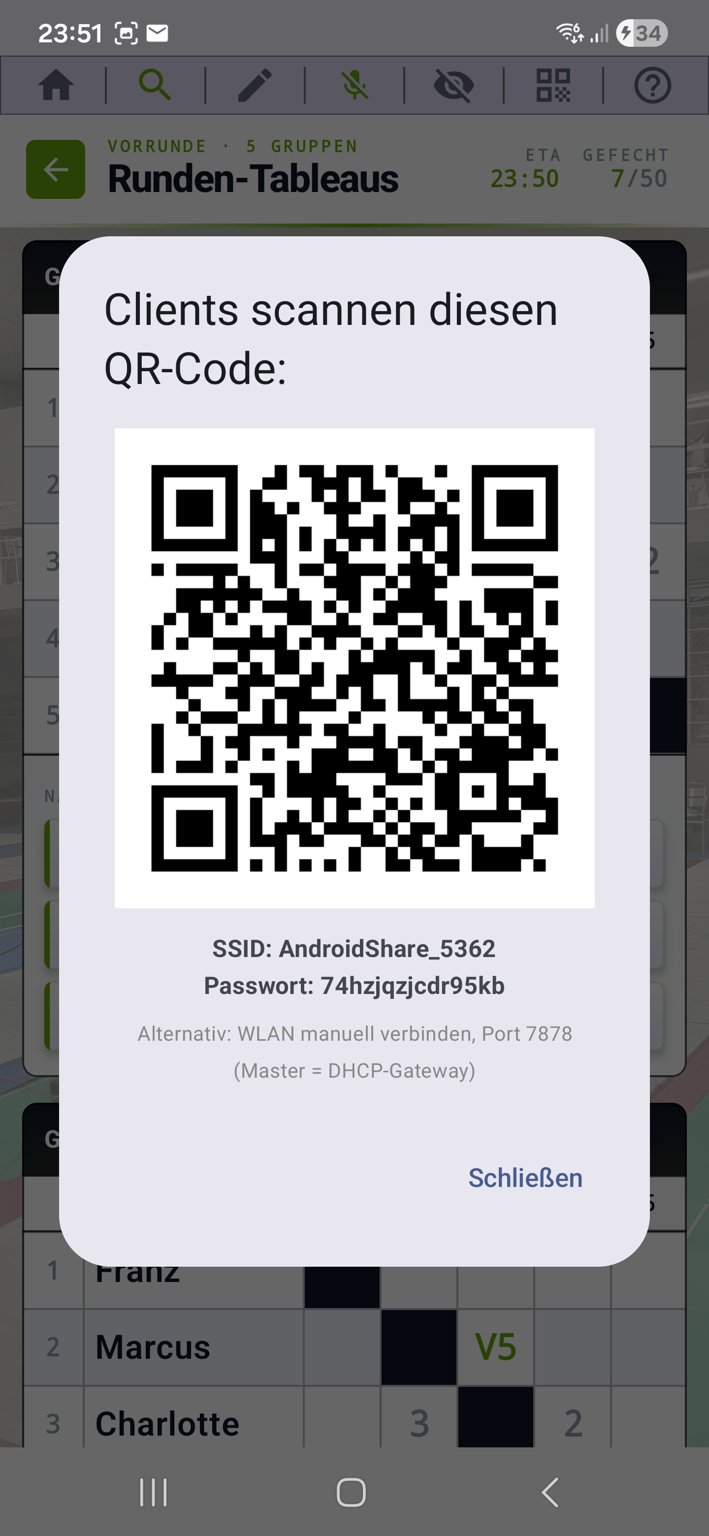 QR-koddialog på master, som klienten skannar