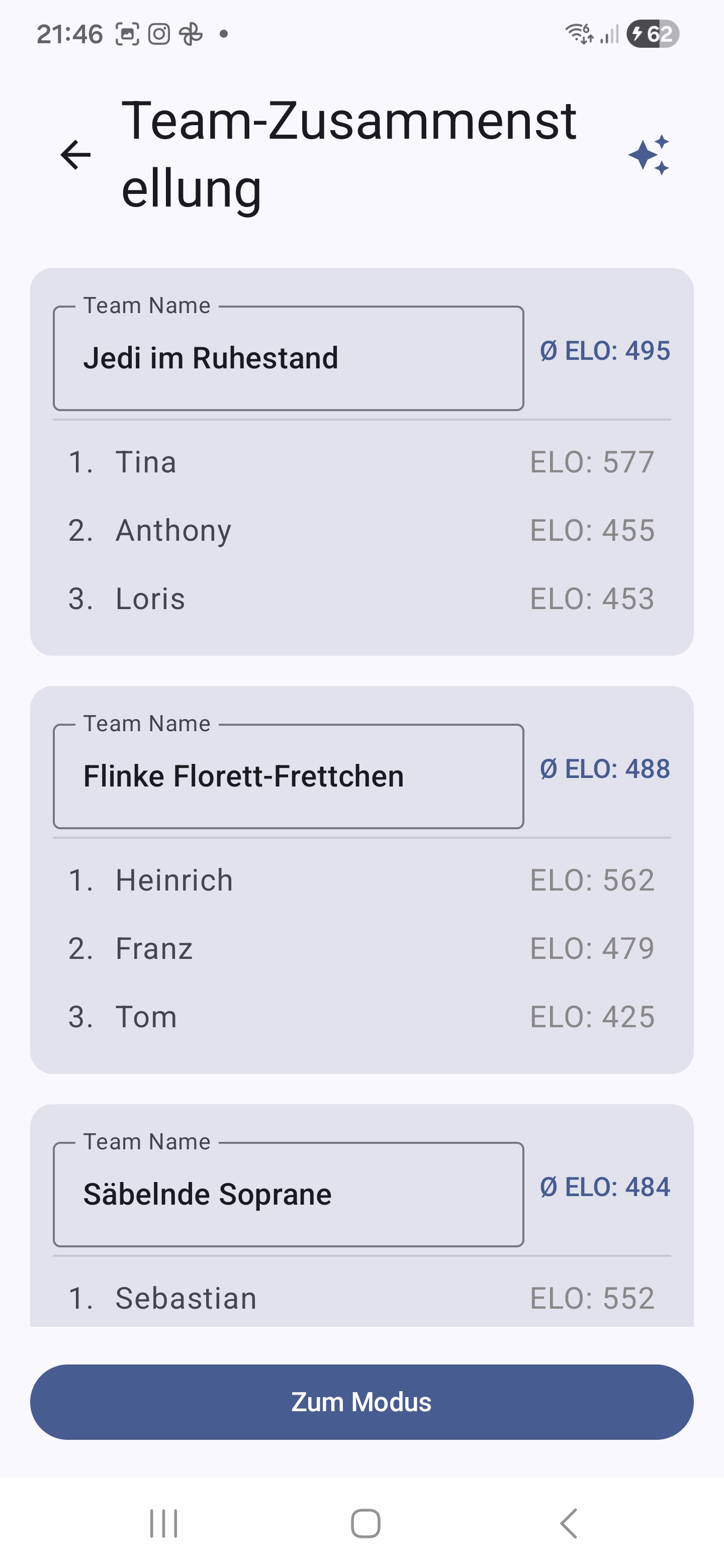 Lagsammansättning med fäktare och genomsnitts-ELO
